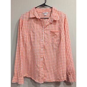 Pretty orange gingham checked button up collared blouse 100% cotton size XL